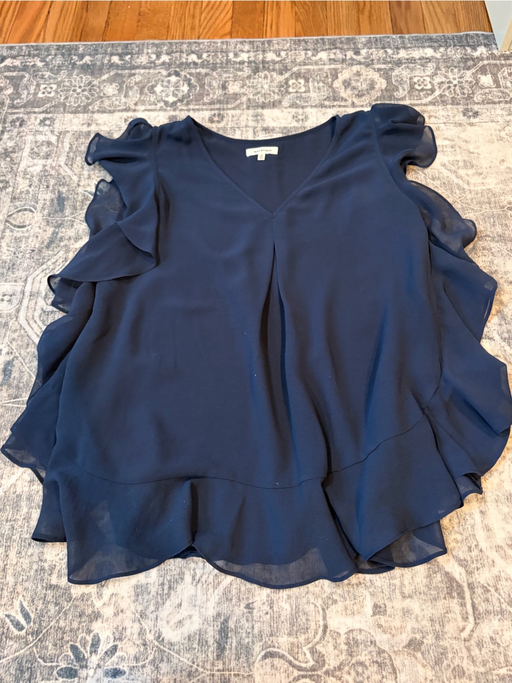 Max Studio Dark Navy Ruffle-Sleeve V-Neck Blouse